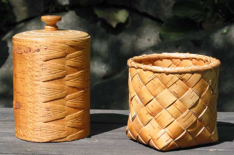 Decorated vessel from sheet of birch bark. Plaited basket from strips of birch bark.